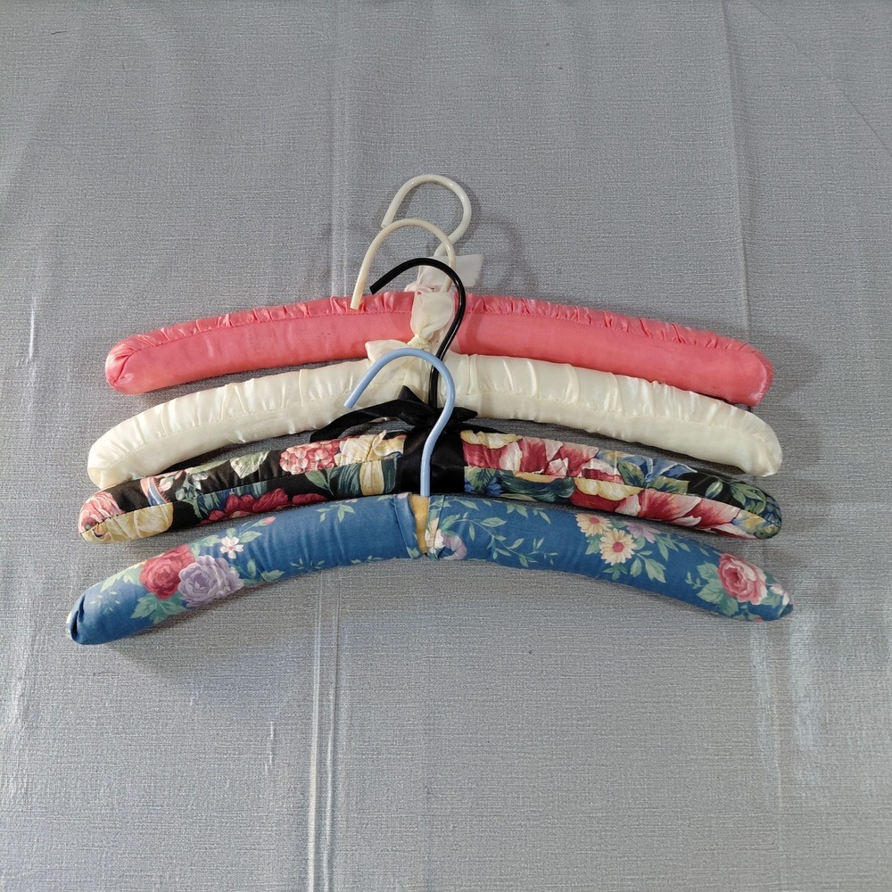 Vtg Padded Clothes Hangers Set of 4 Floral & Satin Lingerie Sweaters